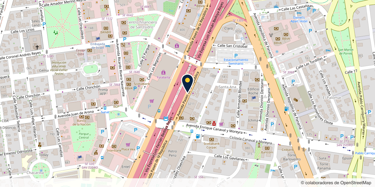 Plano de la zona de la oficina de Calificash, en Av. Paseo de la República 3195, Of. 1003, Piso 10, San Isidro, Lima